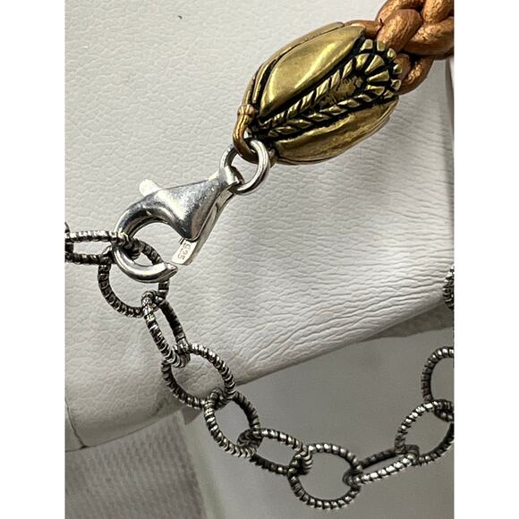 Carolyn Pollack Relios Sterling gold Brown Braided Leather Choker Necklace - Picture 6 of 9